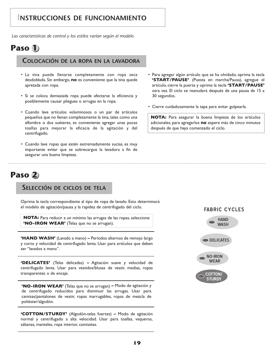 Paso 2 paso 1, Nstrucciones de funcionamiento, Fabric cycles o | Amana NAH6800 User Manual | Page 20 / 32