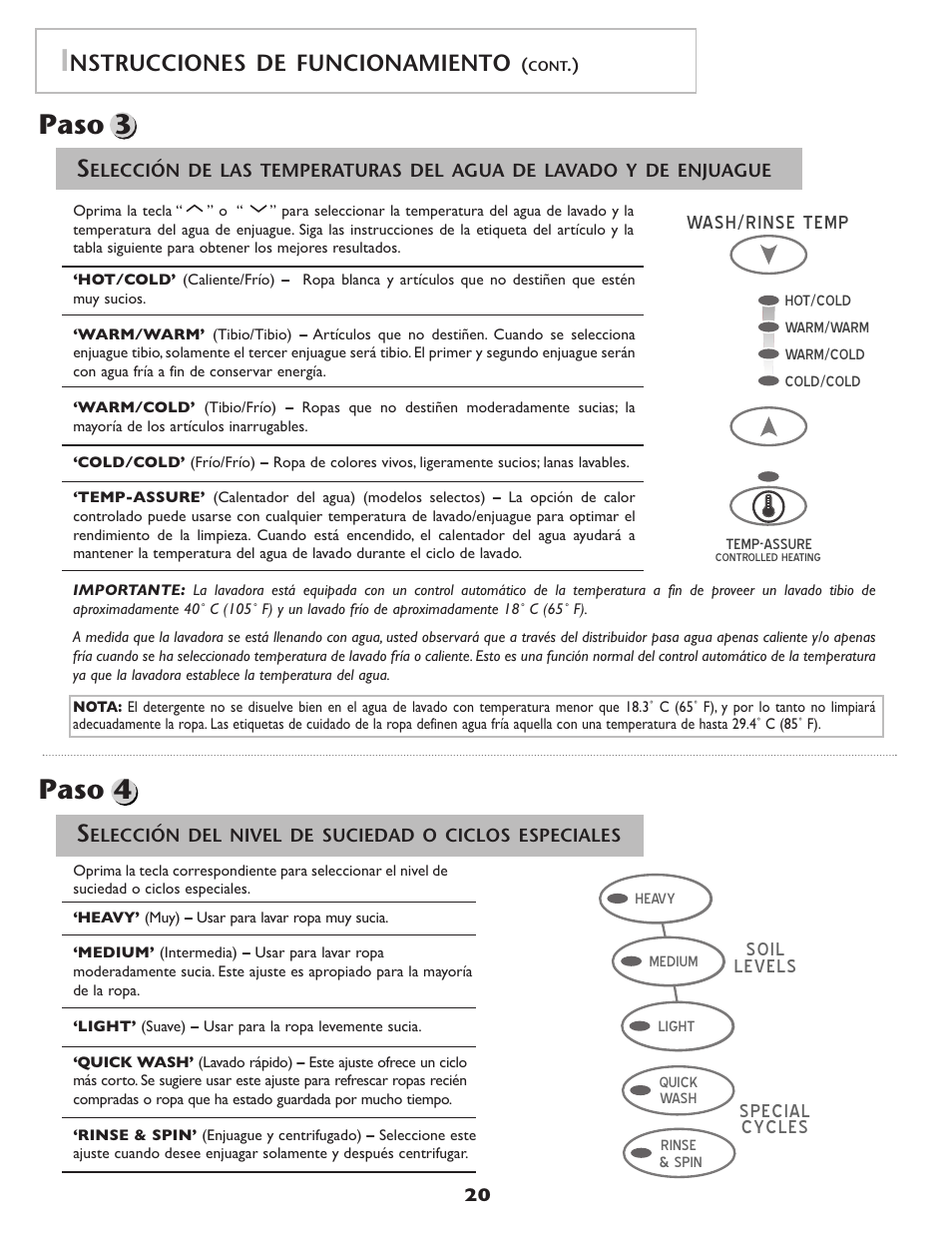 Paso 4 paso 3, Soil levels special cycles, Wash/rinse temp | Nstrucciones de funcionamiento | Amana NAH6800 User Manual | Page 21 / 32