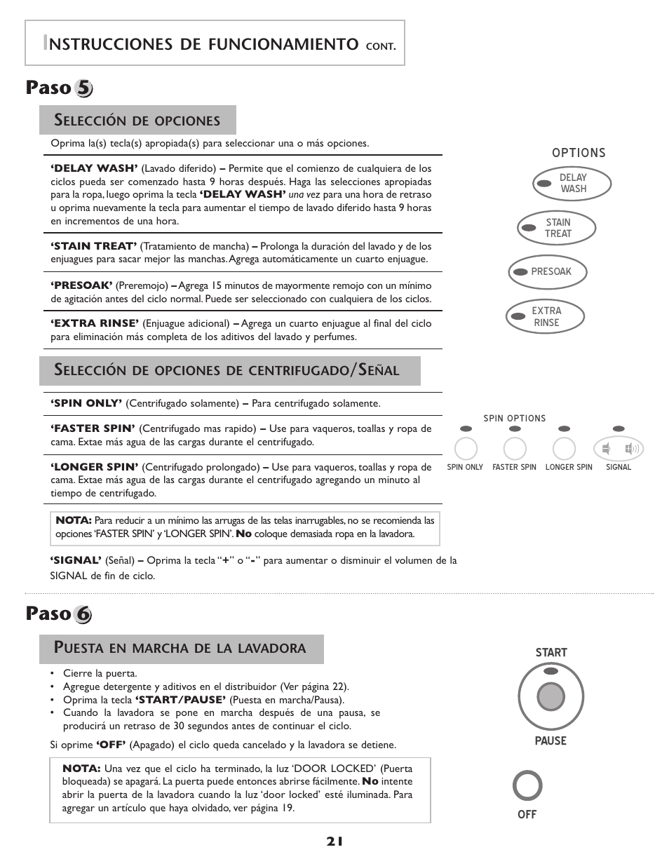 Paso 6, Paso 5, Nstrucciones de funcionamiento | Options, Pause off start | Amana NAH6800 User Manual | Page 22 / 32