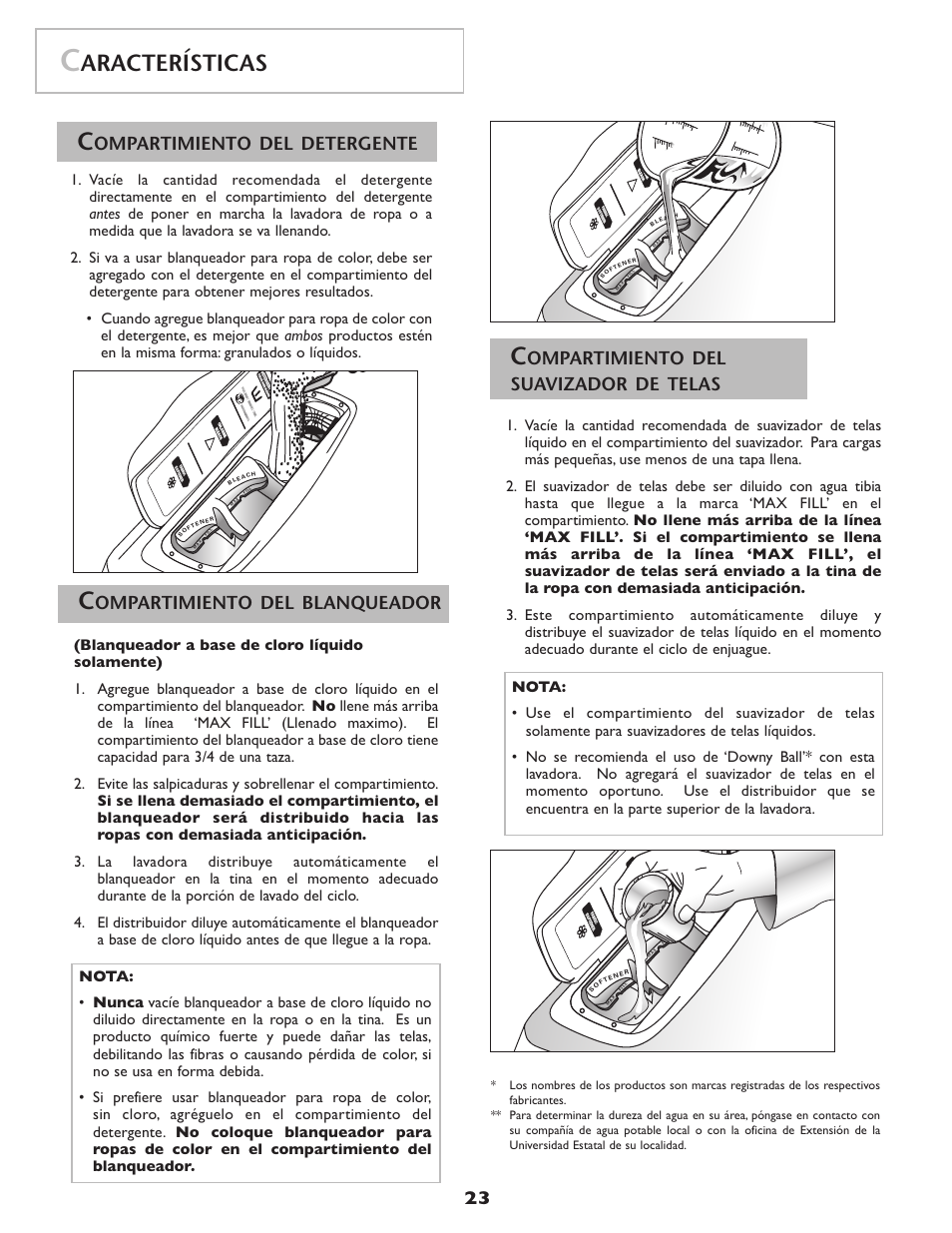 Aracterísticas, Ompartimiento del detergente, Ompartimiento del blanqueador | Ompartimiento del suavizador de telas | Amana NAH6800 User Manual | Page 24 / 32