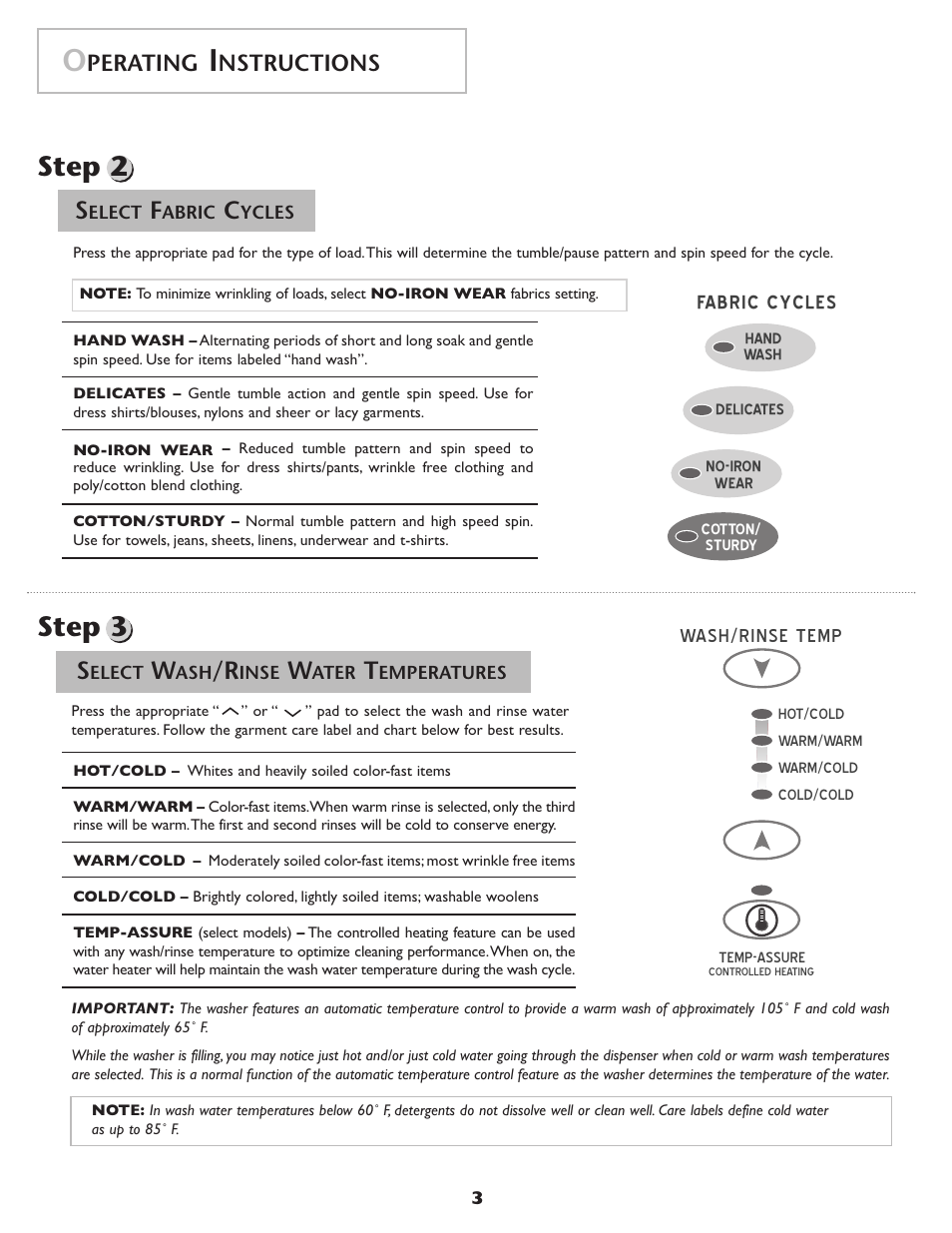 Step 3, Step 2, Perating | Nstructions, Wash/rinse temp, Fabric cycles o | Amana NAH6800 User Manual | Page 4 / 32