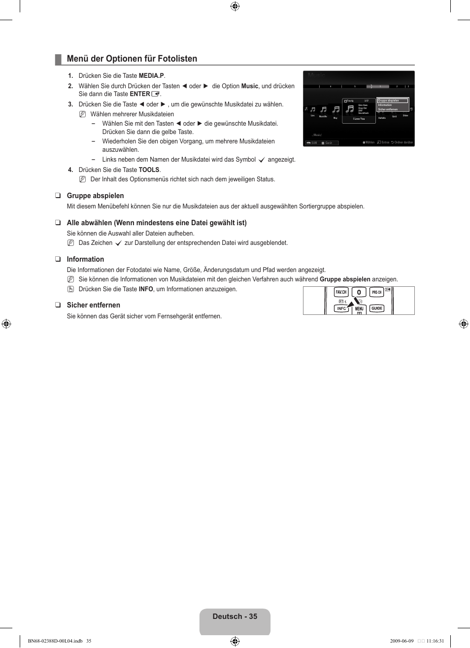 Menü der optionen für fotolisten, Deutsch - 35, Gruppe abspielen | Information, Sicher entfernen | Samsung UE37B6000VP User Manual | Page 100 / 223