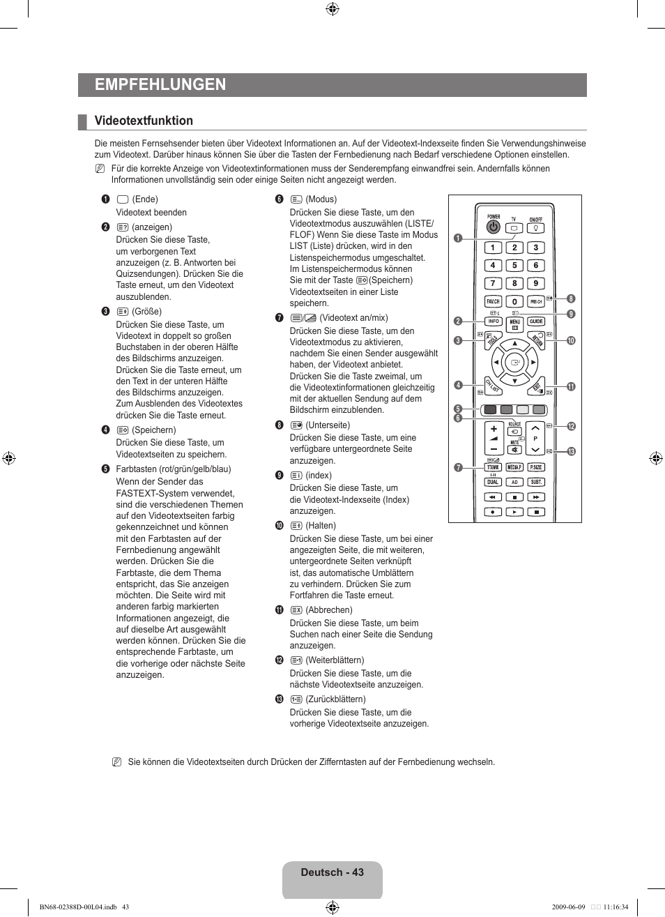 Empfehlungen, Videotextfunktion | Samsung UE37B6000VP User Manual | Page 108 / 223