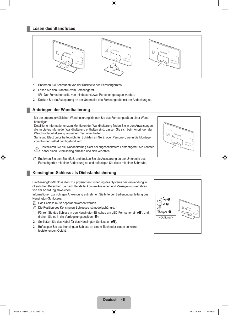 Lösen des standfußes, Anbringen der wandhalterung, Kensington-schloss als diebstahlsicherung | Samsung UE37B6000VP User Manual | Page 110 / 223