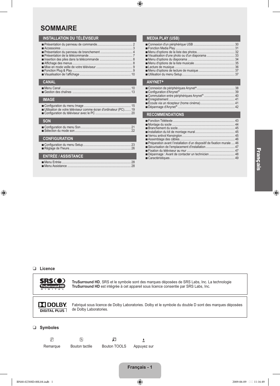 Sommaire, Fr ançais | Samsung UE37B6000VP User Manual | Page 117 / 223