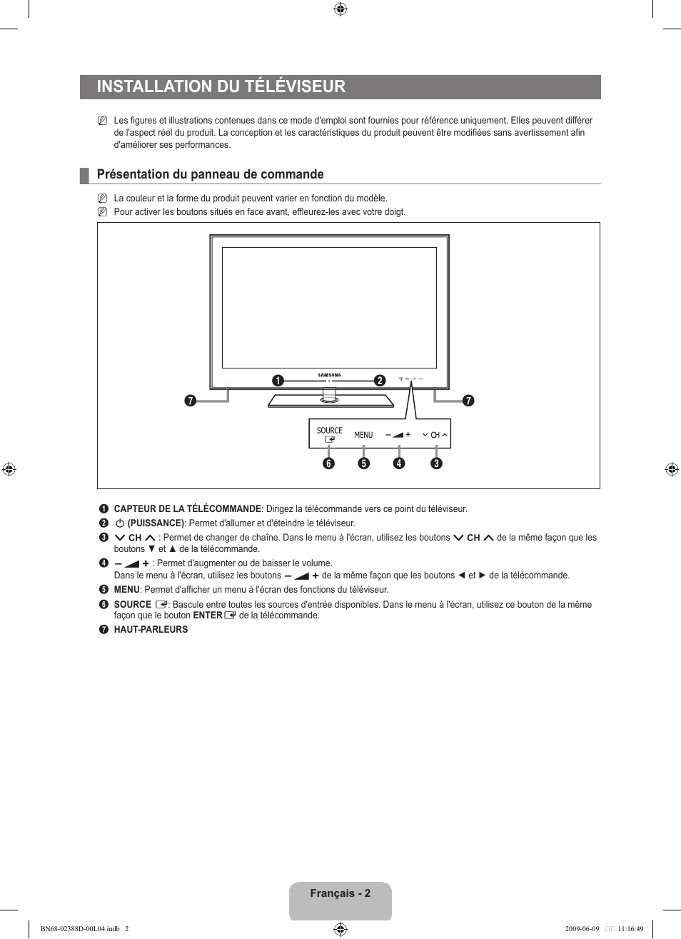 Installation du téléviseur, Présentation du panneau de commande | Samsung UE37B6000VP User Manual | Page 118 / 223