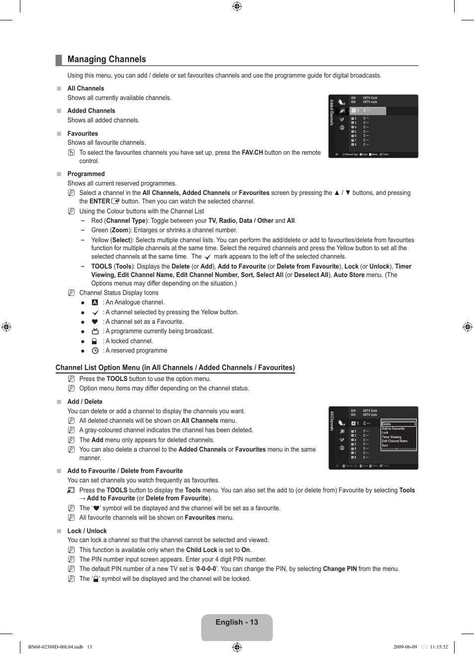 Managing channels, English - 13 | Samsung UE37B6000VP User Manual | Page 15 / 223