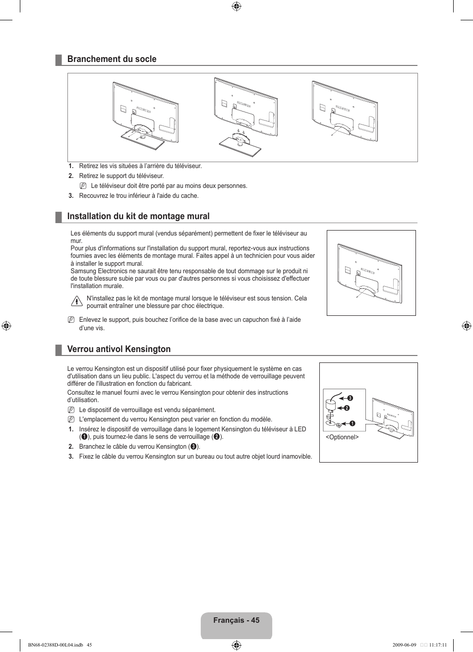 Branchement du socle, Installation du kit de montage mural, Verrou antivol kensington | Samsung UE37B6000VP User Manual | Page 161 / 223