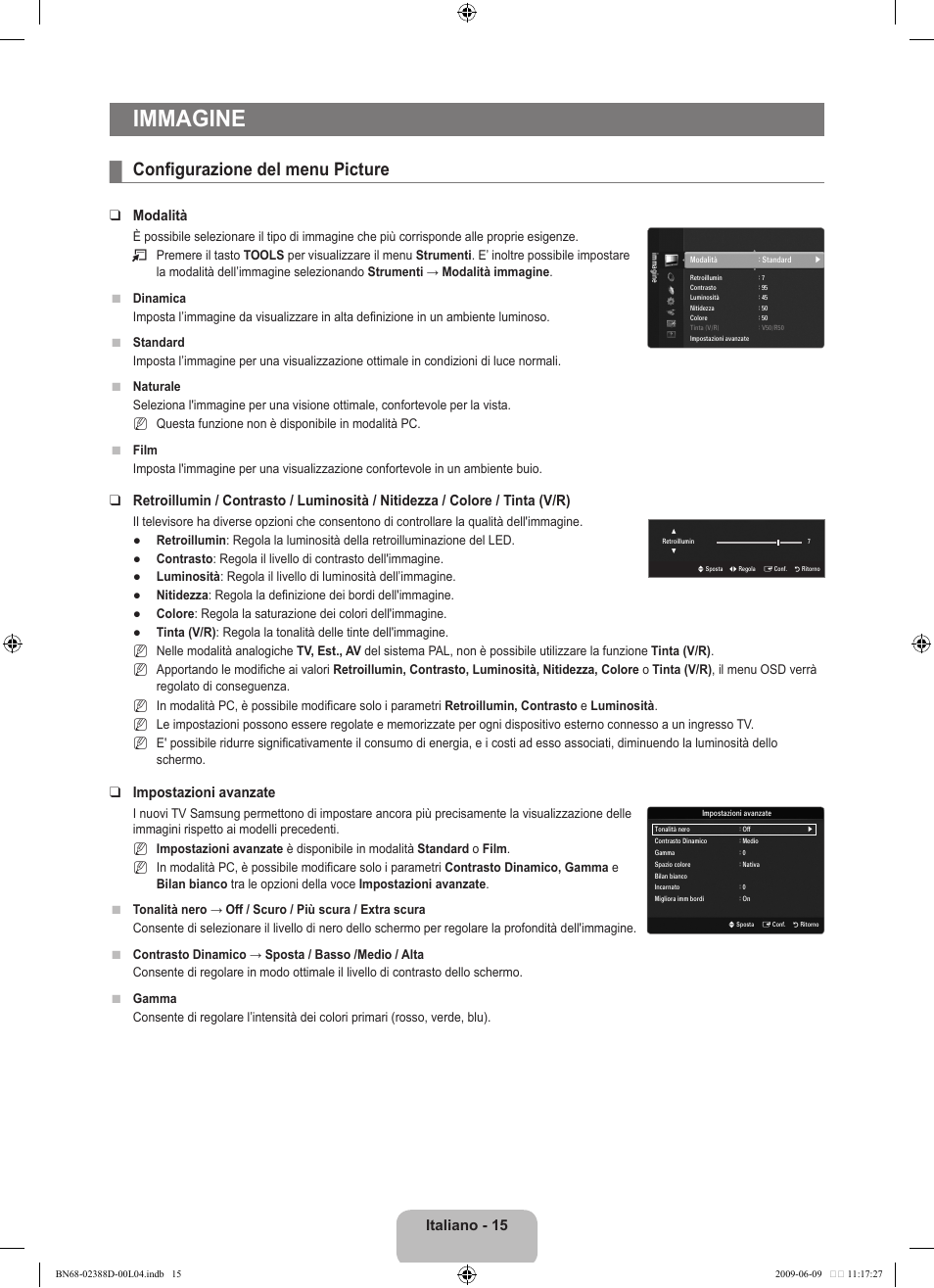 Immagine, Configurazione del menu picture, Italiano - 15 | Modalità, Impostazioni avanzate | Samsung UE37B6000VP User Manual | Page 182 / 223