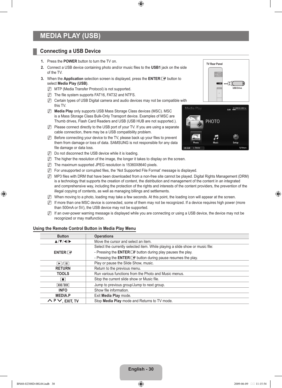 Media play (usb), Connecting a usb device, Photo | Samsung UE37B6000VP User Manual | Page 32 / 223