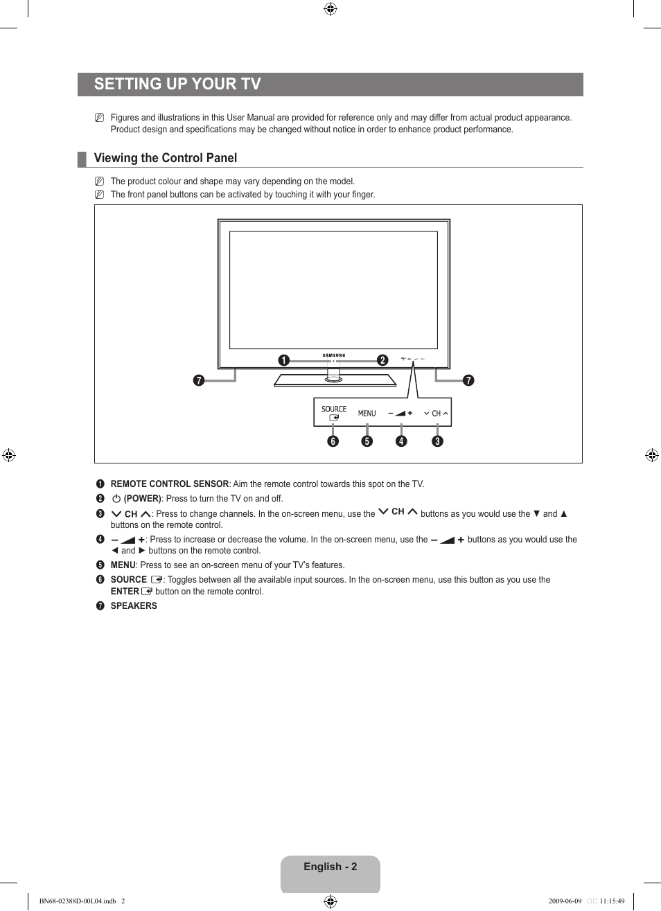Seting up your tv, Viewing the control panel, Setting up your tv | Samsung UE37B6000VP User Manual | Page 4 / 223