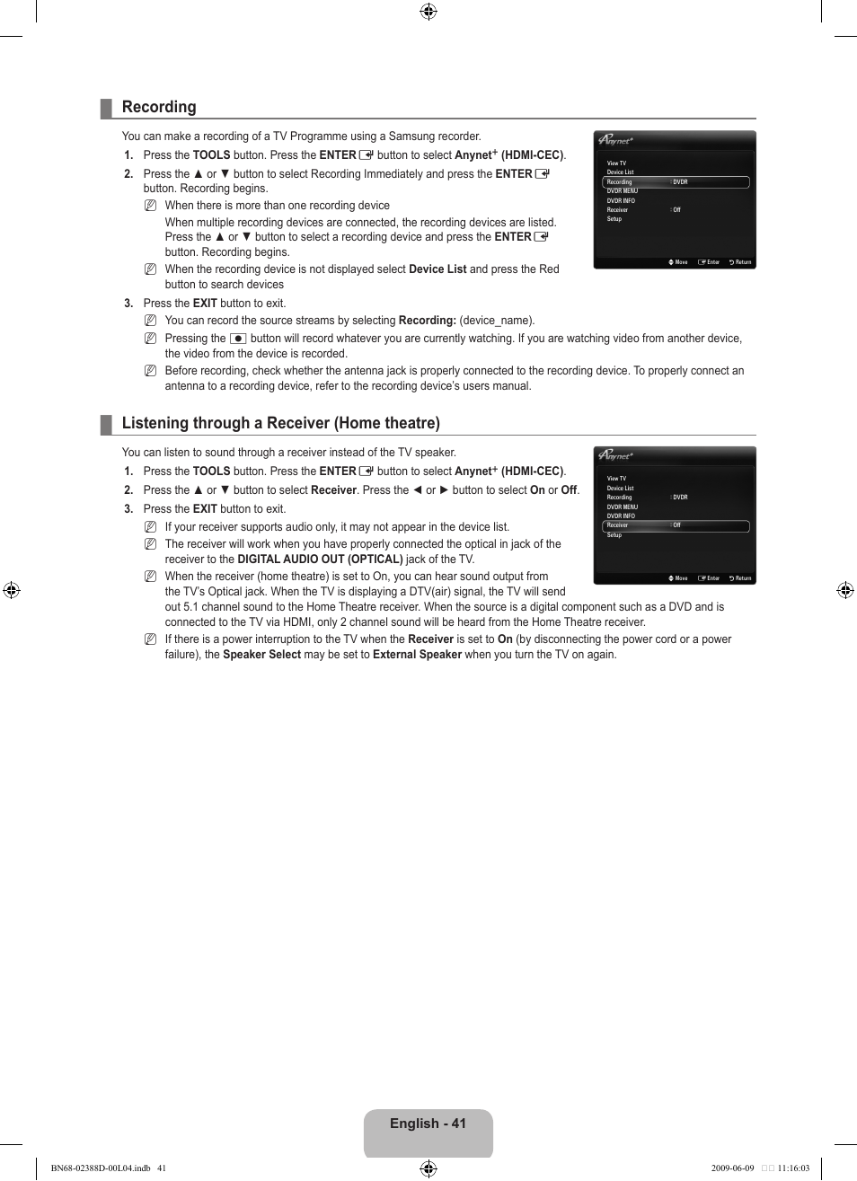 Recording, Listening through a receiver (home theatre) | Samsung UE37B6000VP User Manual | Page 43 / 223