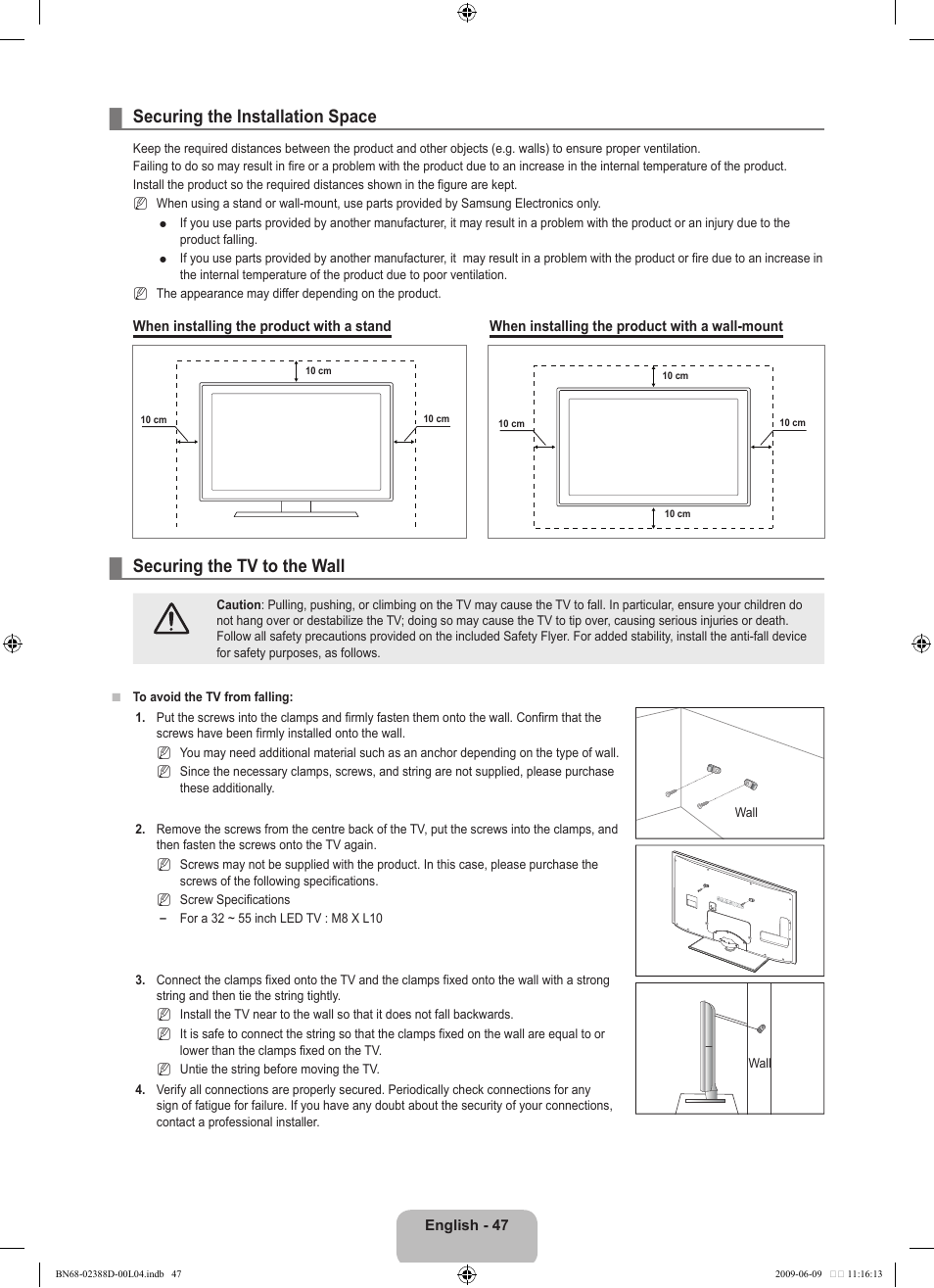 Securing the installation space, Securing the tv to the wall | Samsung UE37B6000VP User Manual | Page 49 / 223