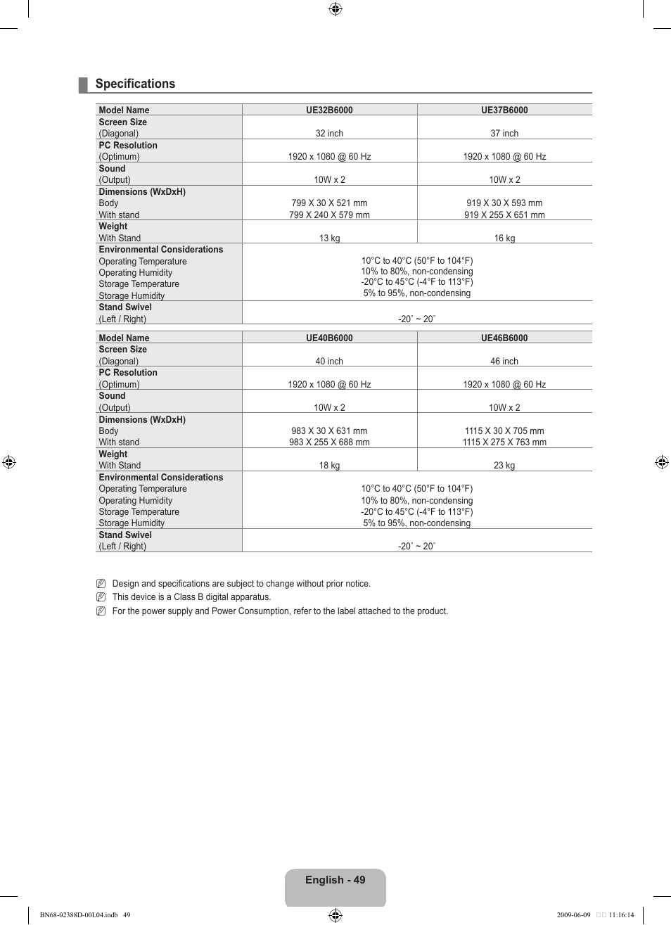 Specifications | Samsung UE37B6000VP User Manual | Page 51 / 223
