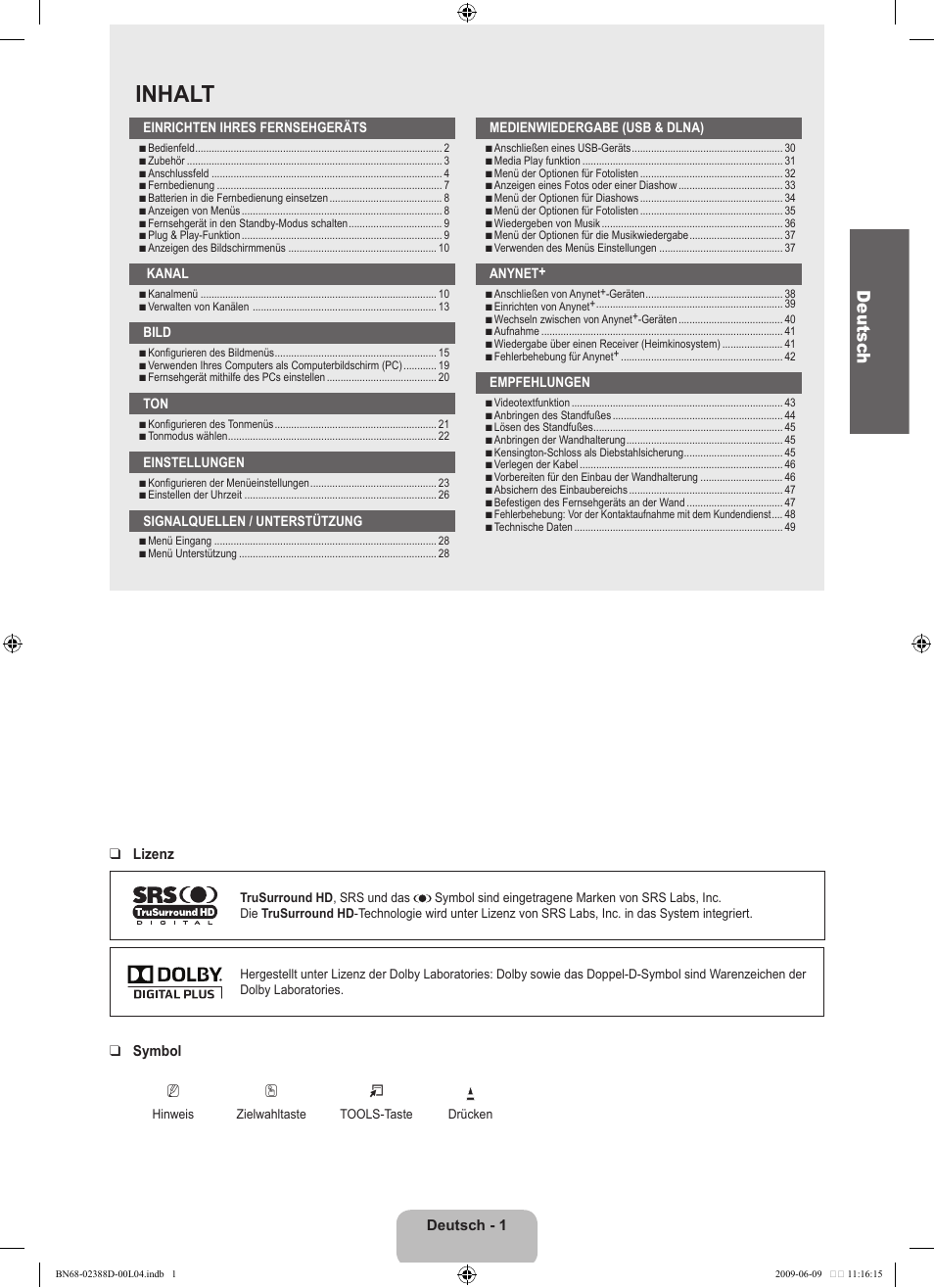 Inhalt, Deutsc h | Samsung UE37B6000VP User Manual | Page 66 / 223