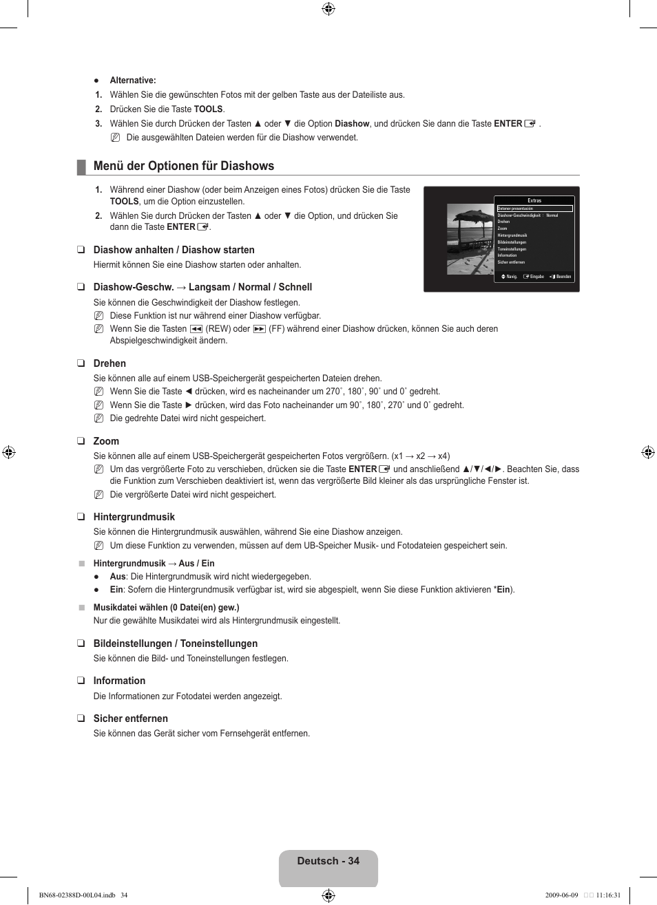 Menü der optionen für diashows | Samsung UE37B6000VP User Manual | Page 99 / 223