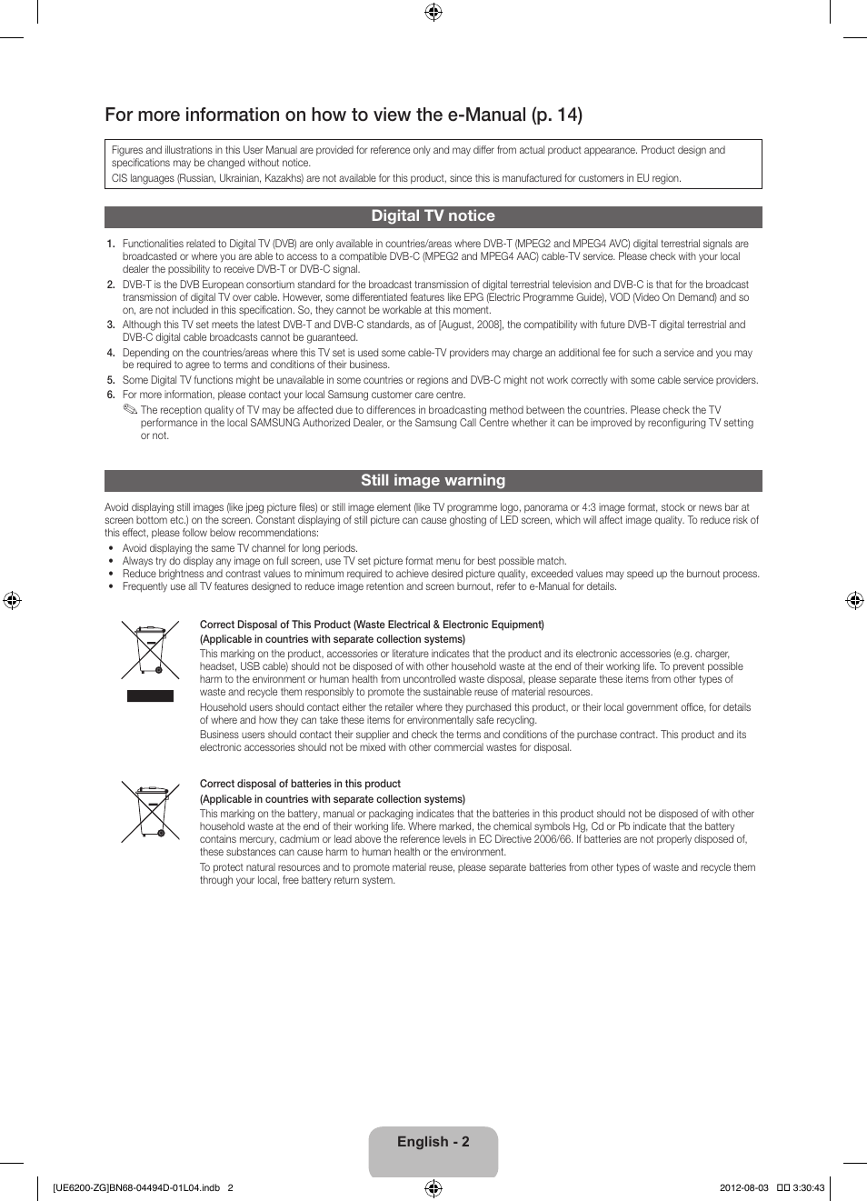 Digital tv notice, Still image warning | Samsung UE32ES6200S User Manual | Page 2 / 90