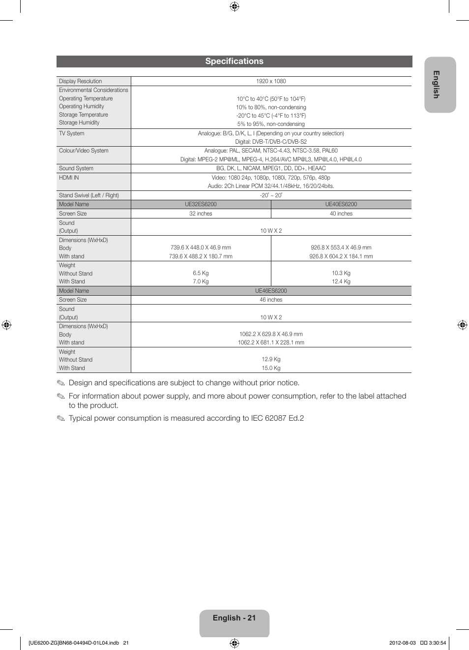 Specifications | Samsung UE32ES6200S User Manual | Page 21 / 90