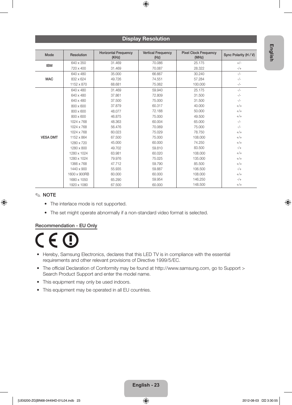 Display resolution | Samsung UE32ES6200S User Manual | Page 23 / 90
