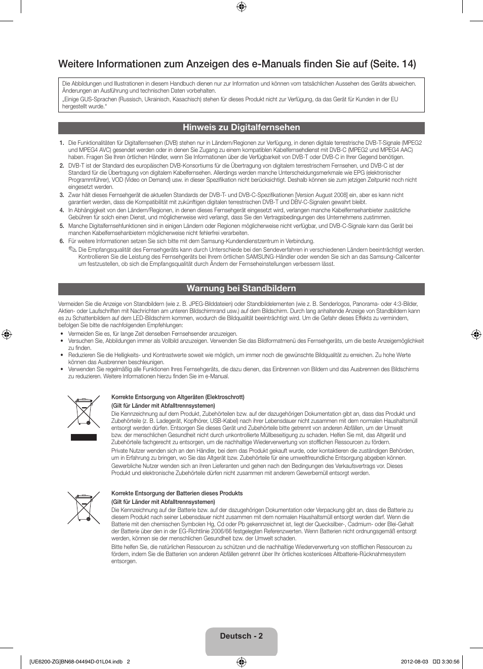 Hinweis zu digitalfernsehen, Warnung bei standbildern | Samsung UE32ES6200S User Manual | Page 24 / 90