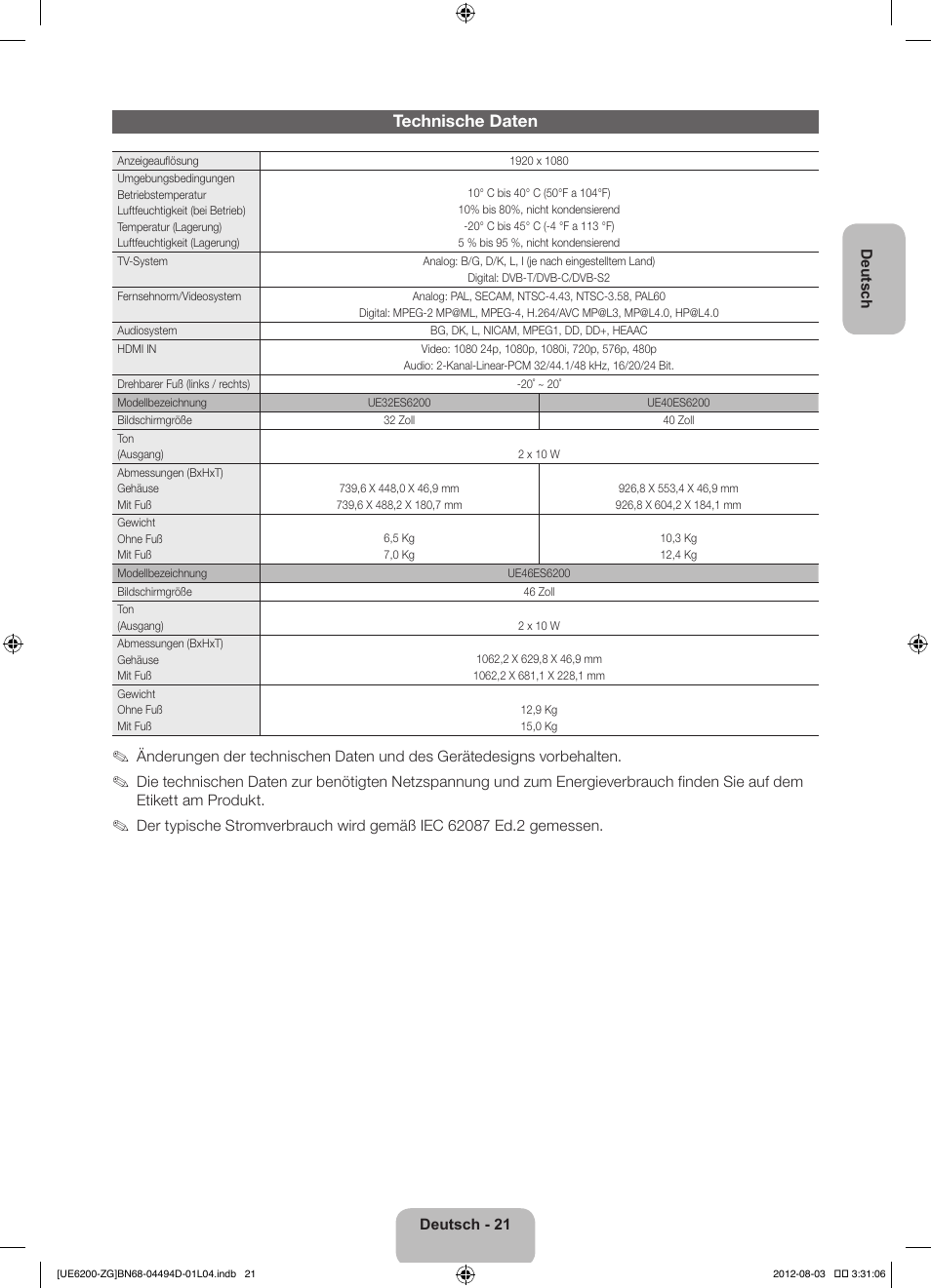 Technische daten | Samsung UE32ES6200S User Manual | Page 43 / 90