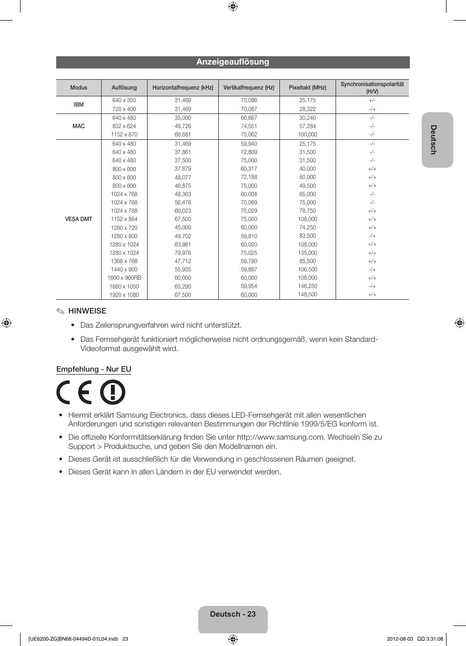 Anzeigeauflösung | Samsung UE32ES6200S User Manual | Page 45 / 90