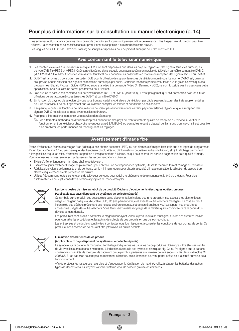 Avis concernant le téléviseur numérique, Avertissement d'image fixe | Samsung UE32ES6200S User Manual | Page 46 / 90