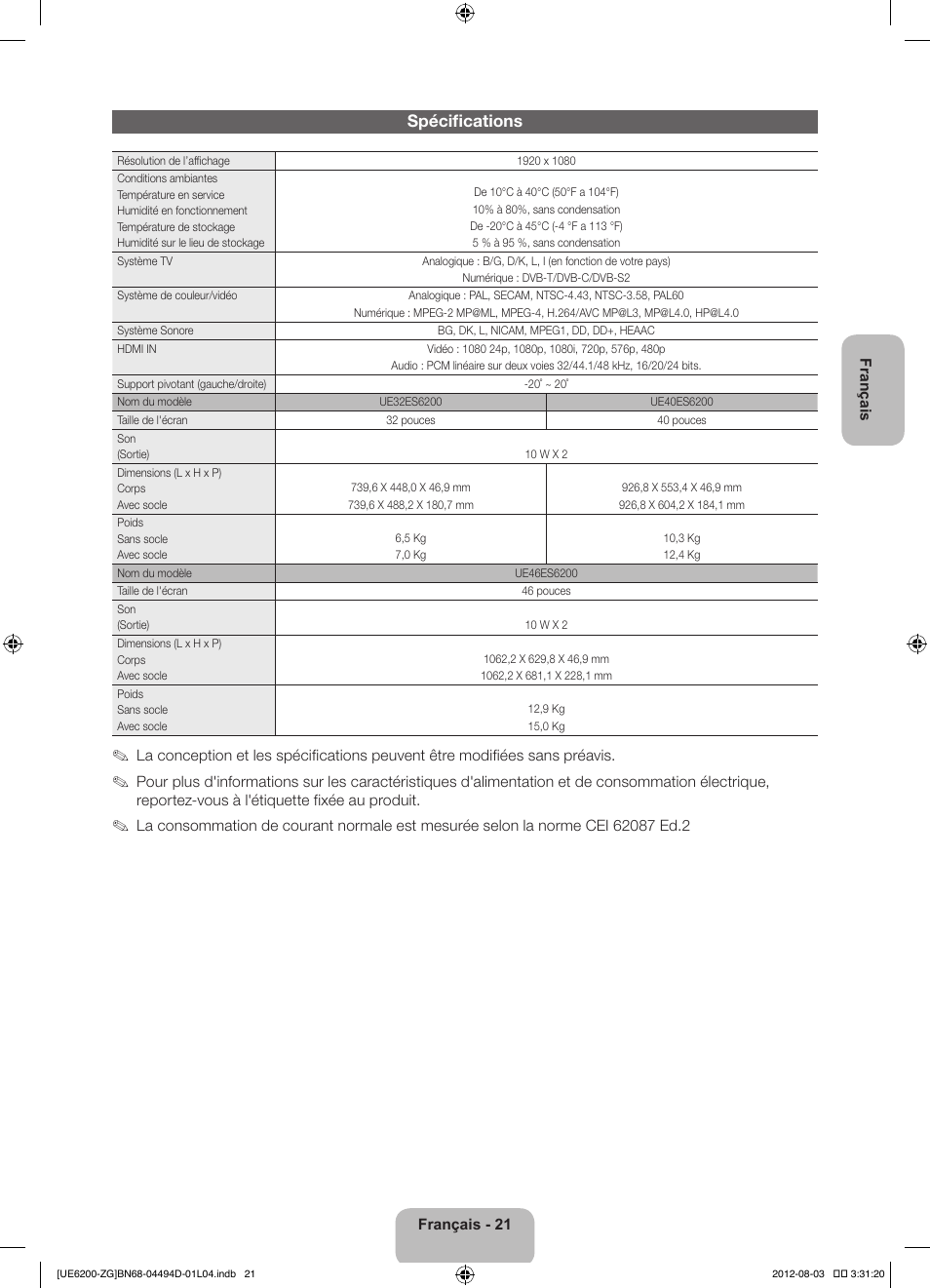 Spécifications | Samsung UE32ES6200S User Manual | Page 65 / 90