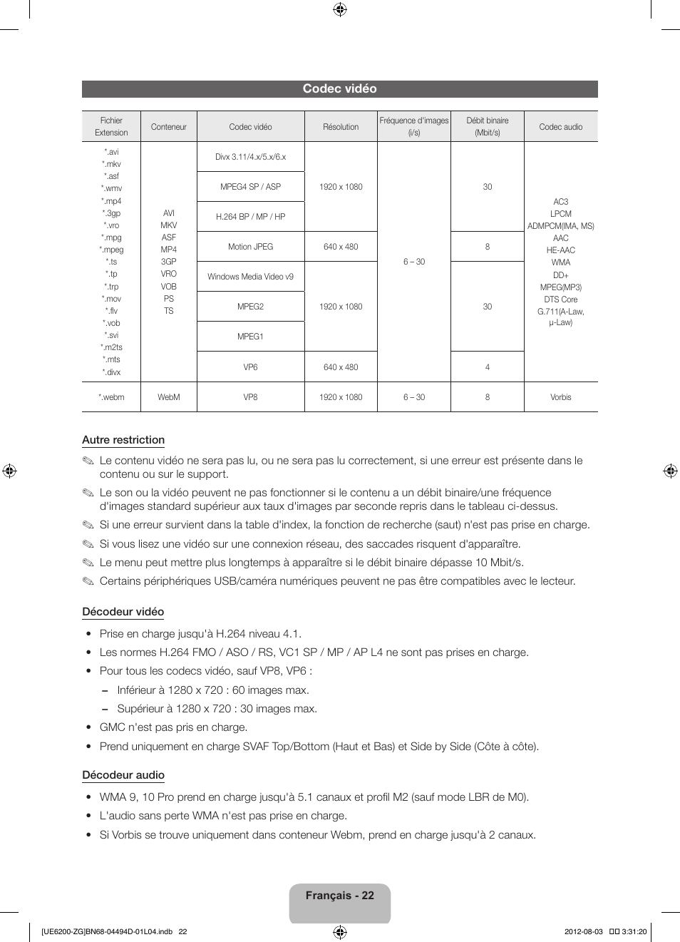 Codec vidéo | Samsung UE32ES6200S User Manual | Page 66 / 90