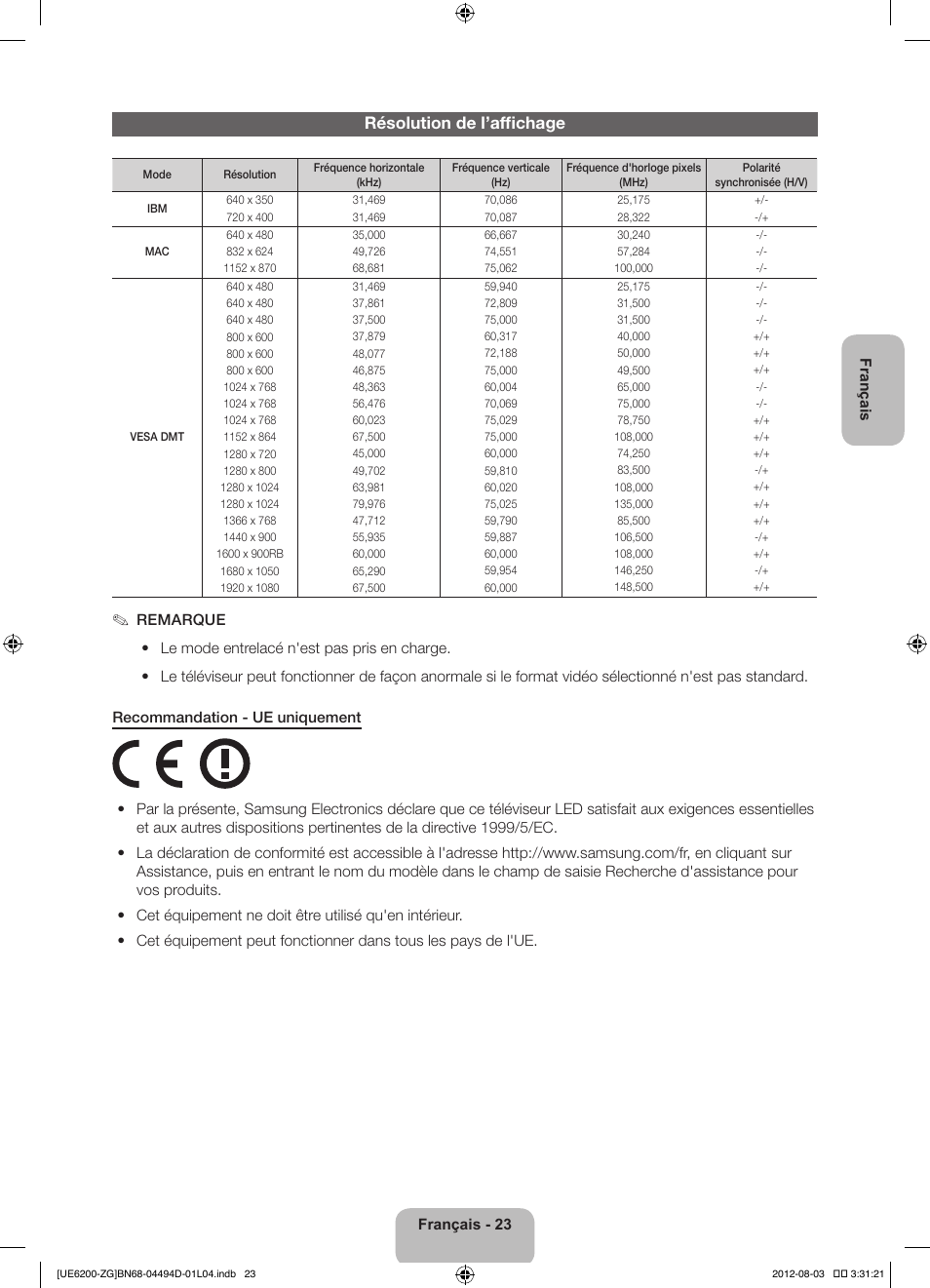 Résolution de l’affichage | Samsung UE32ES6200S User Manual | Page 67 / 90