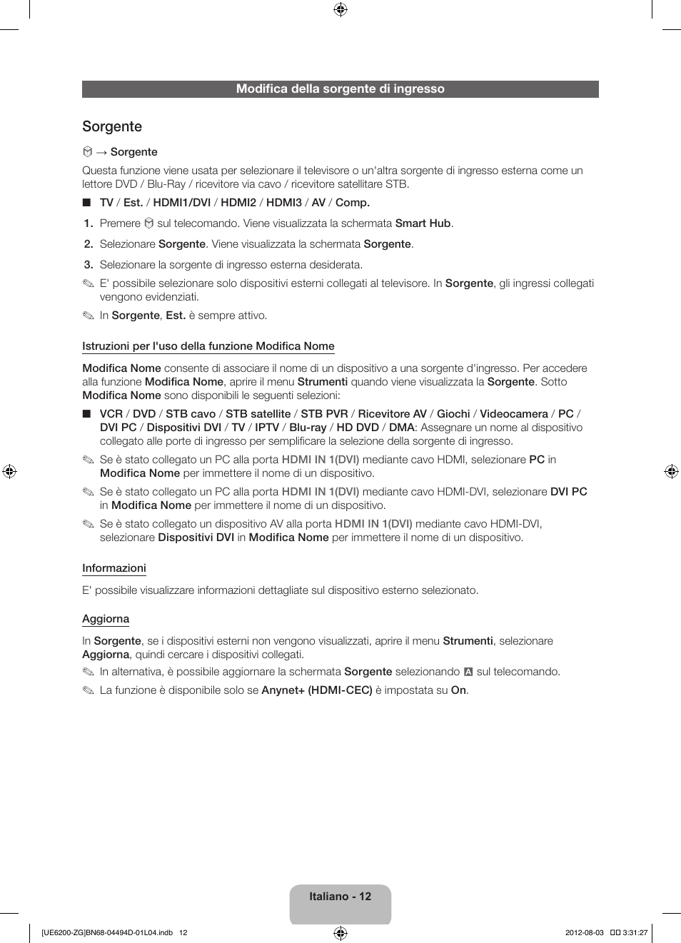 Sorgente | Samsung UE32ES6200S User Manual | Page 78 / 90