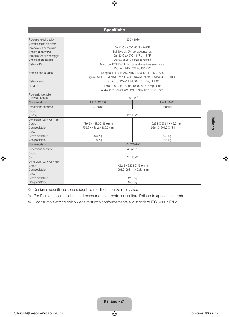 Specifiche | Samsung UE32ES6200S User Manual | Page 87 / 90
