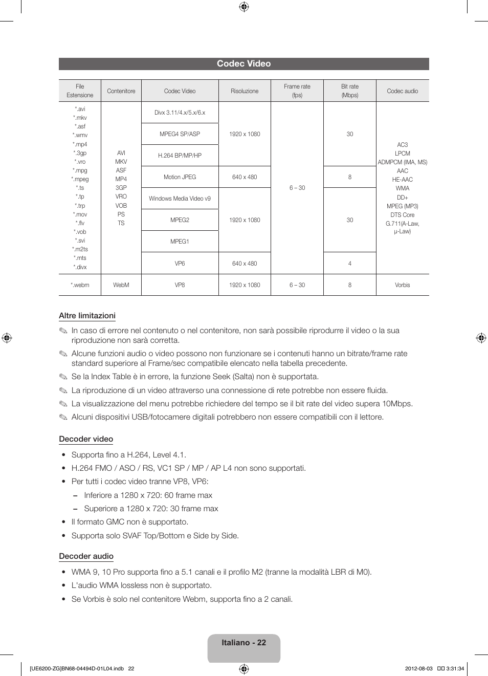 Codec video | Samsung UE32ES6200S User Manual | Page 88 / 90