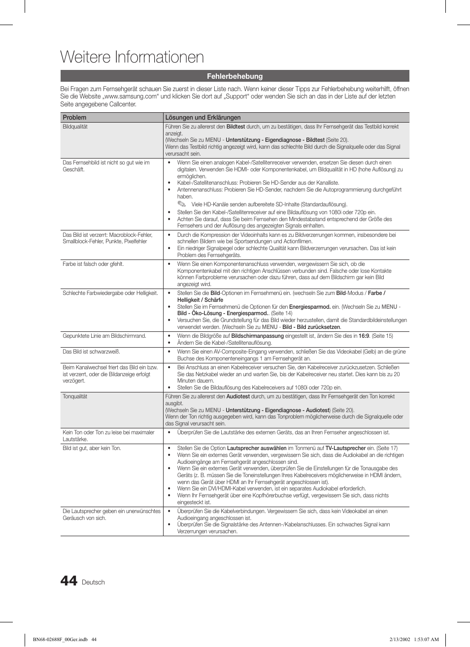 Weitere informationen, Fehlerbehebung | Samsung LE46C550J1W User Manual | Page 140 / 193