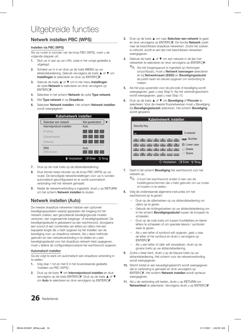 Uitgebreide functies, Netwerk instellen pbc (wps), Netwerk instellen (auto) | Samsung LE46C550J1W User Manual | Page 170 / 193