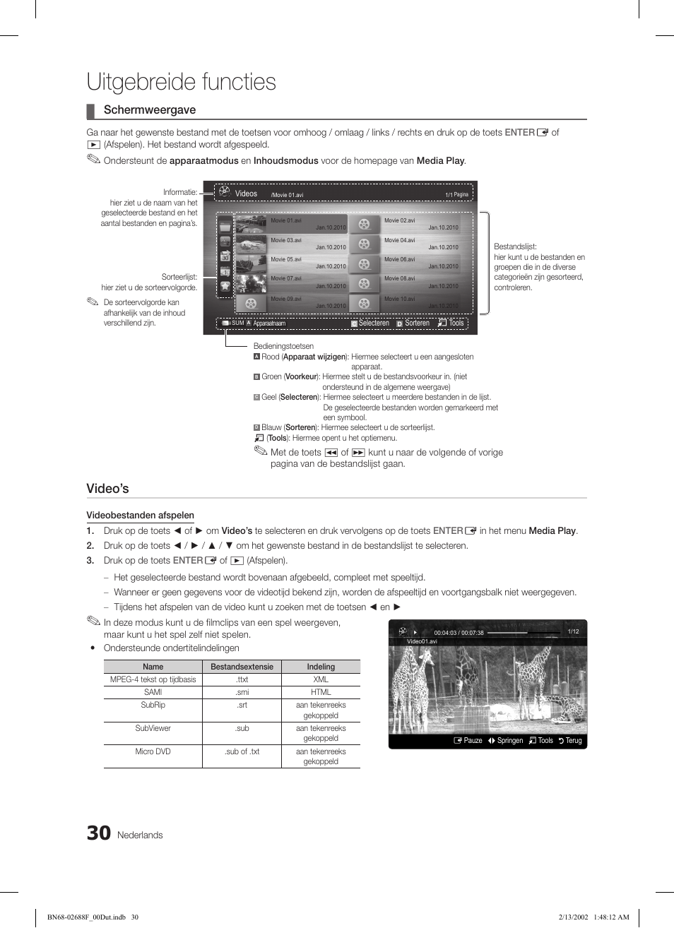 Uitgebreide functies, Video’s, Schermweergave | Samsung LE46C550J1W User Manual | Page 174 / 193