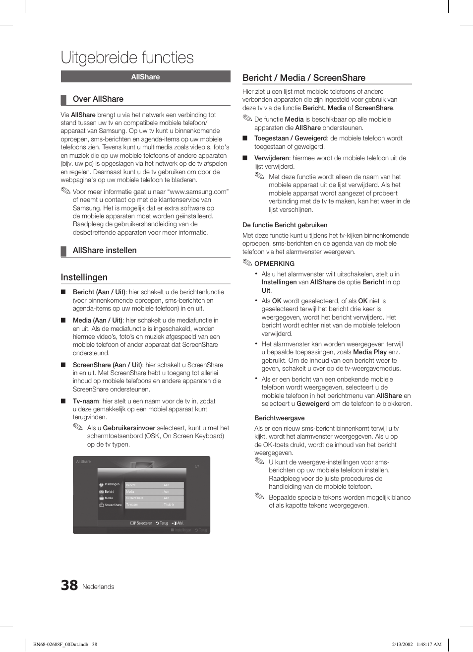 Uitgebreide functies, Instellingen, Bericht / media / screenshare | Samsung LE46C550J1W User Manual | Page 182 / 193