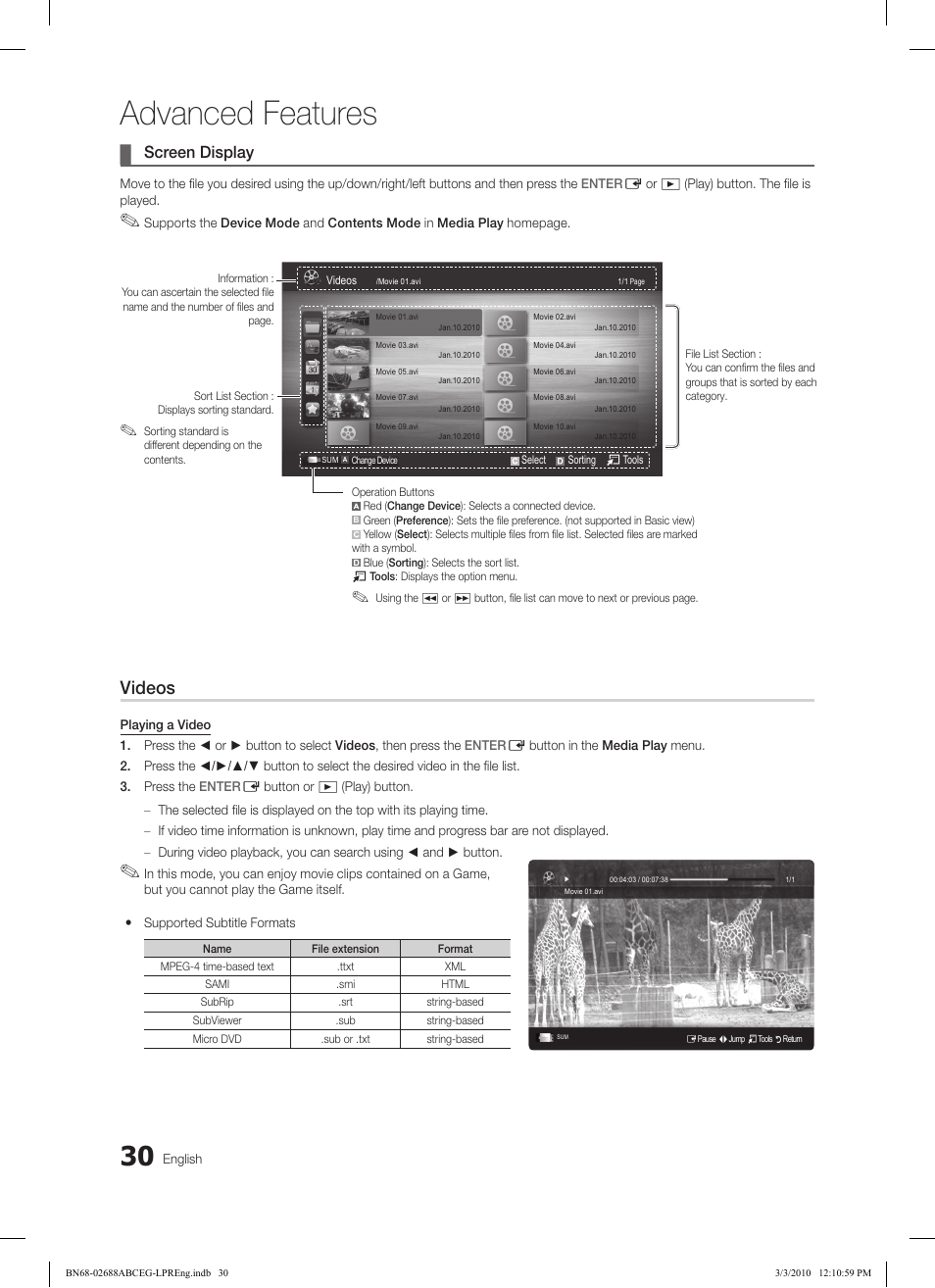 Advanced features, Videos, Screen display | Samsung LE46C550J1W User Manual | Page 30 / 193