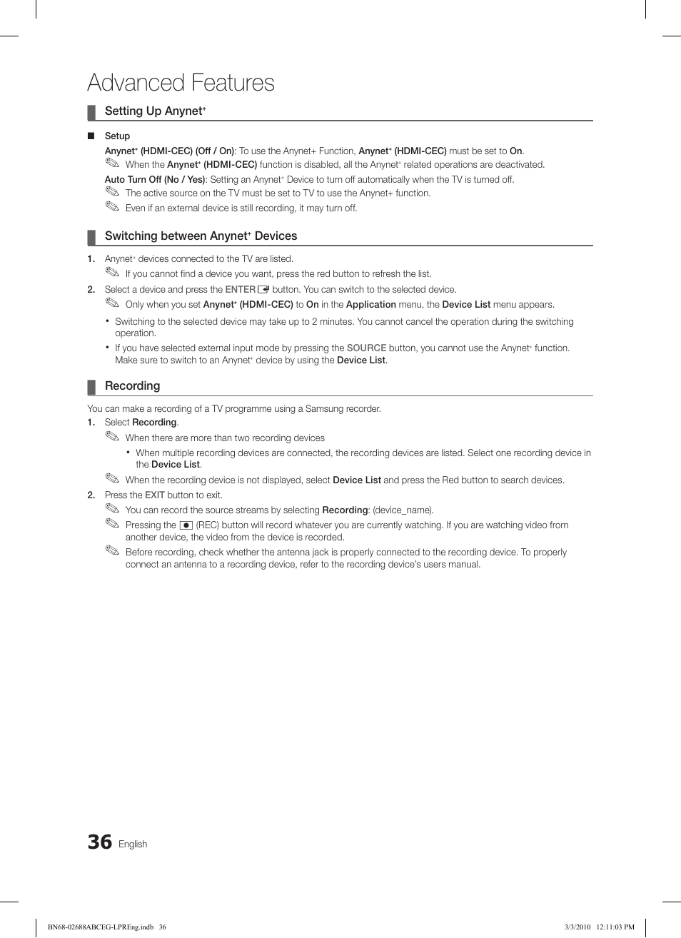 Advanced features | Samsung LE46C550J1W User Manual | Page 36 / 193