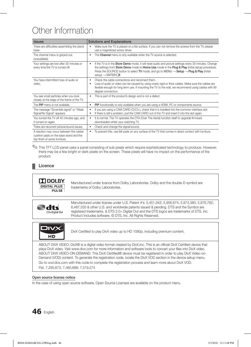 Other information, Licence | Samsung LE46C550J1W User Manual | Page 46 / 193