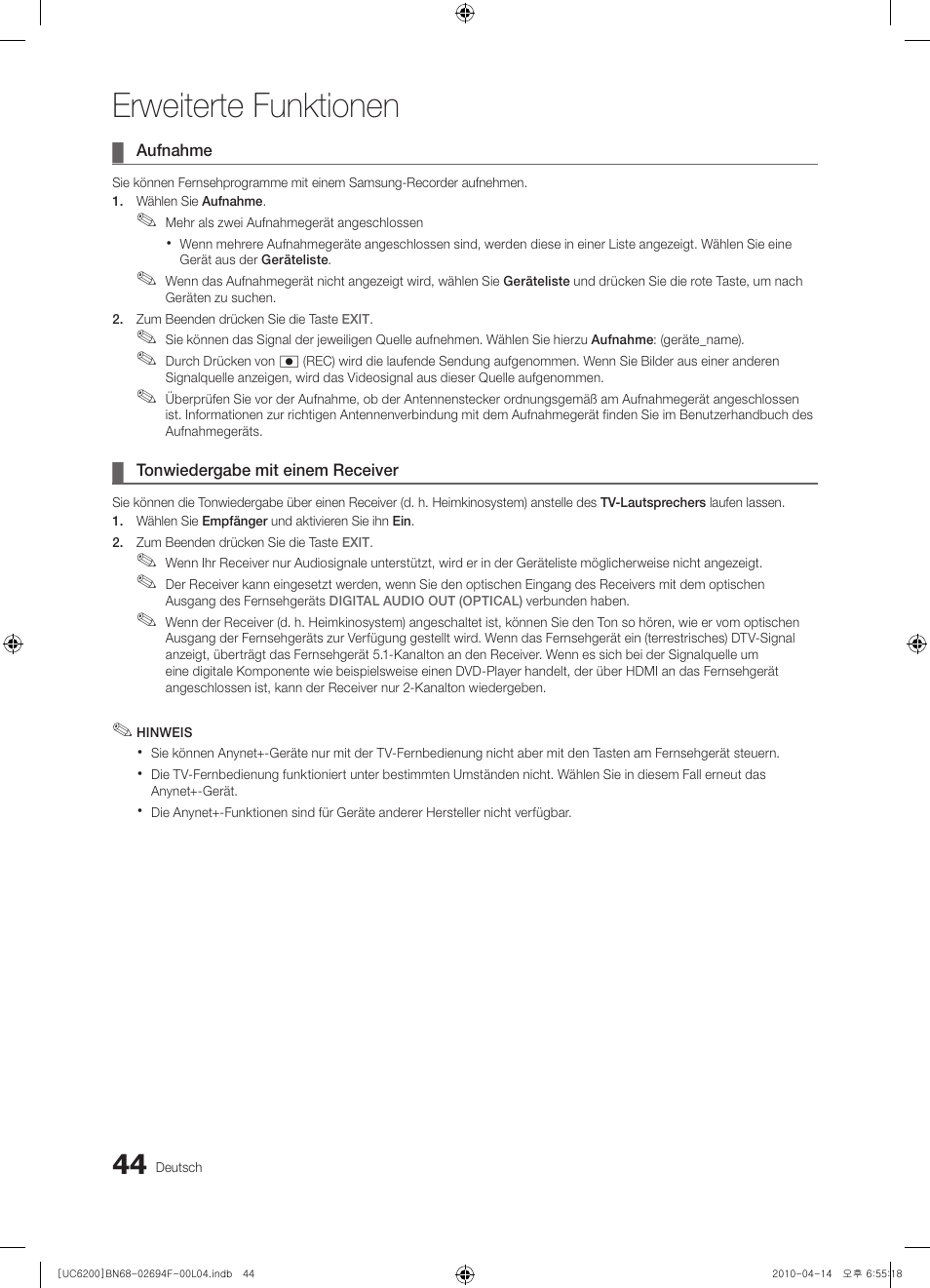 Erweiterte funktionen | Samsung UE32C6200RS User Manual | Page 102 / 232