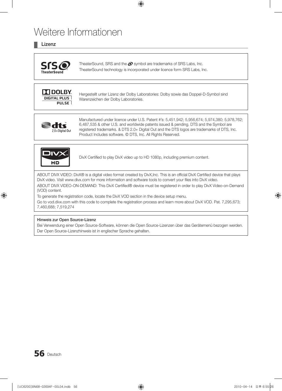 Weitere informationen | Samsung UE32C6200RS User Manual | Page 114 / 232