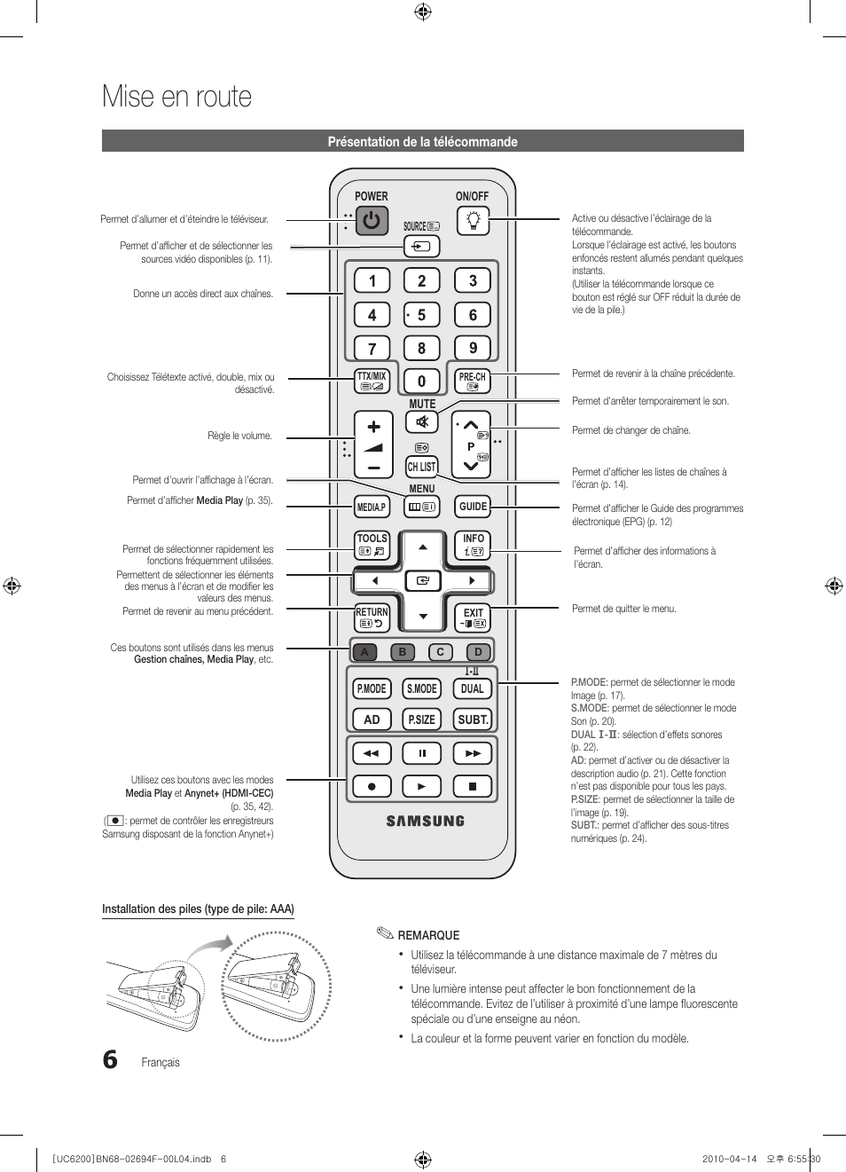 Mise en route | Samsung UE32C6200RS User Manual | Page 122 / 232