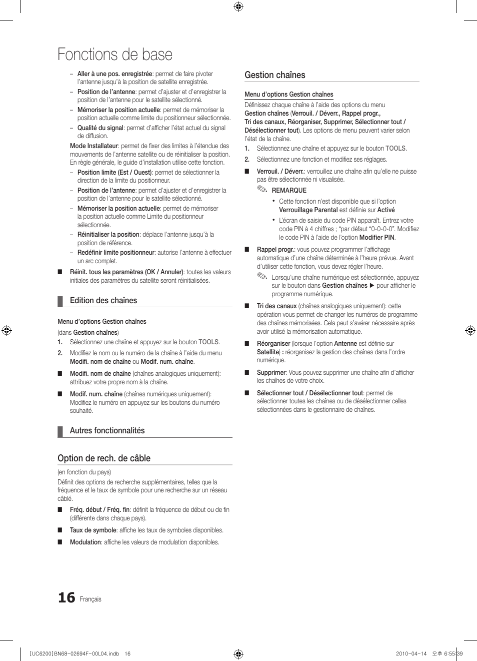 Fonctions de base, Option de rech. de câble, Gestion chaînes | Samsung UE32C6200RS User Manual | Page 132 / 232