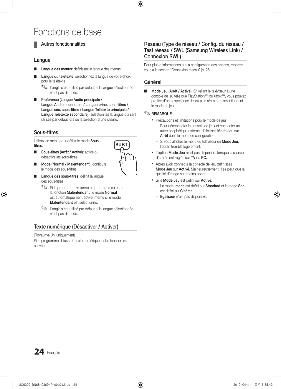 Fonctions de base | Samsung UE32C6200RS User Manual | Page 140 / 232