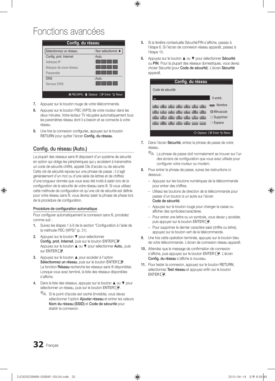 Fonctions avancées, Config. du réseau (auto.) | Samsung UE32C6200RS User Manual | Page 148 / 232