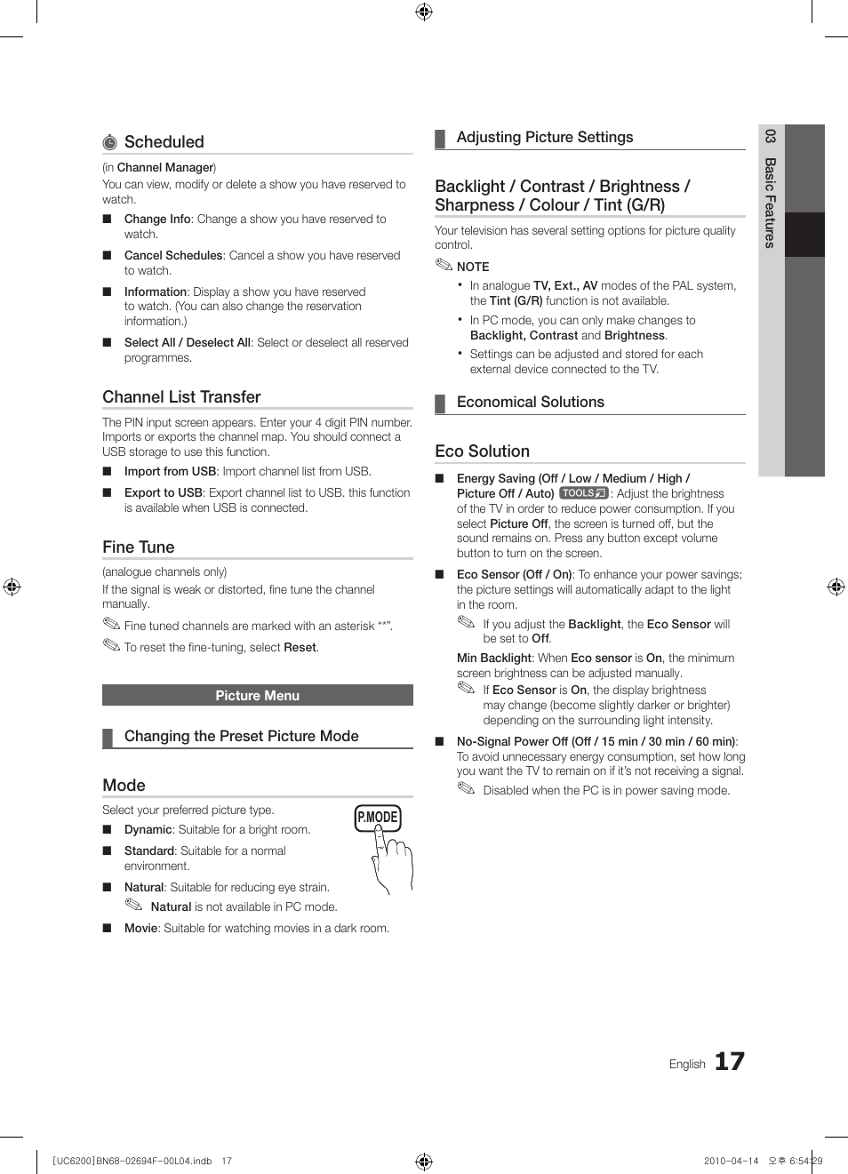 Scheduled, Channel list transfer, Fine tune | Mode, Eco solution | Samsung UE32C6200RS User Manual | Page 17 / 232