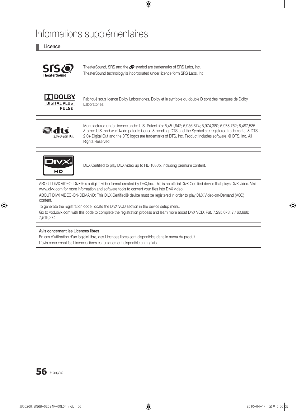 Informations supplémentaires | Samsung UE32C6200RS User Manual | Page 172 / 232