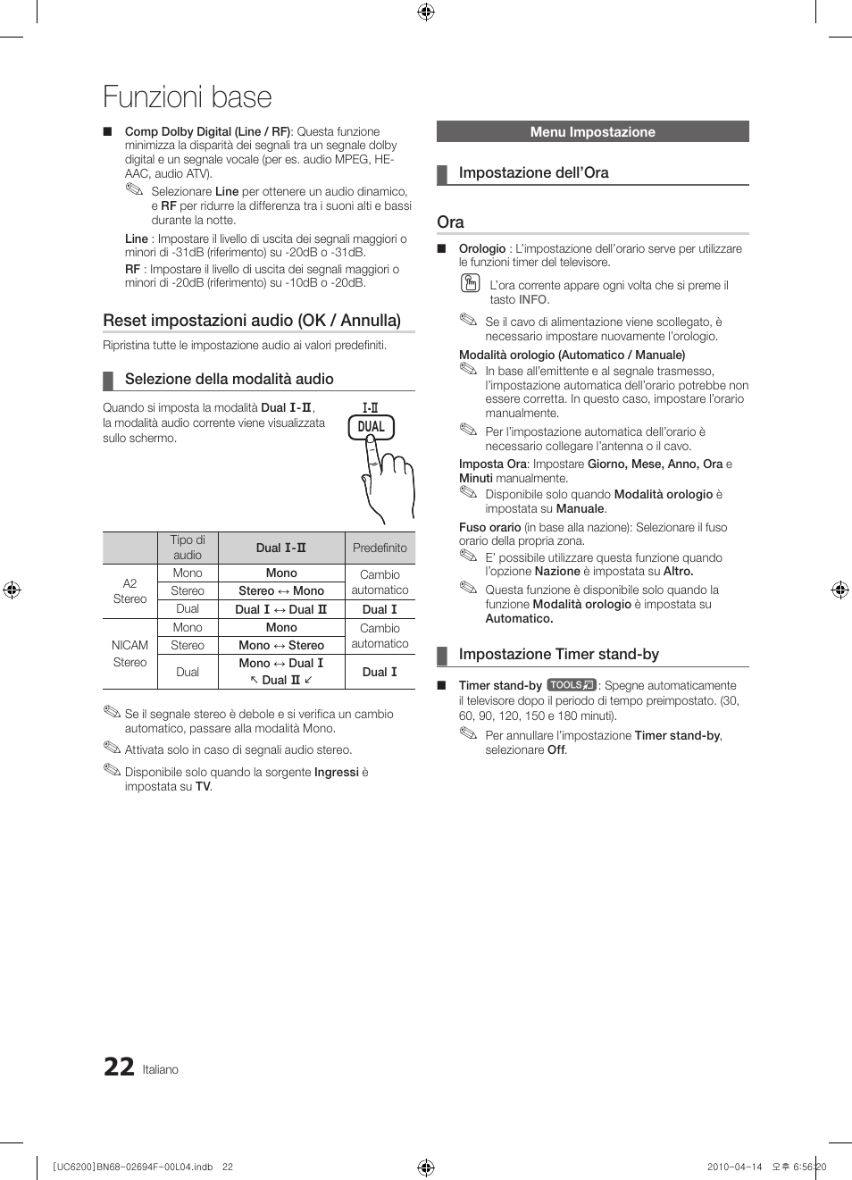 Funzioni base, Reset impostazioni audio (ok / annulla) | Samsung UE32C6200RS User Manual | Page 196 / 232