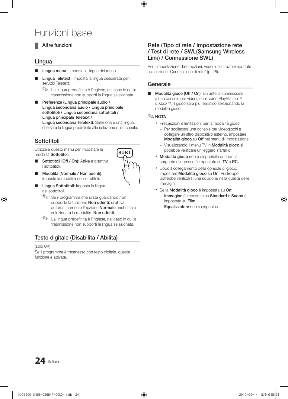 Funzioni base | Samsung UE32C6200RS User Manual | Page 198 / 232